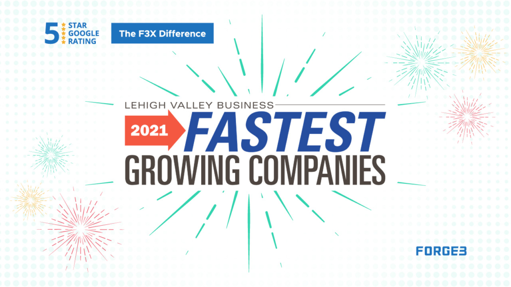 Forge3, Ltd. Named 13th Fastest Growing Company by Lehigh Valley Business - 2021 Fasted Growing Companies Title in All Caps Surrounded by Small Graphic Fireworks in the Forge3 Colors