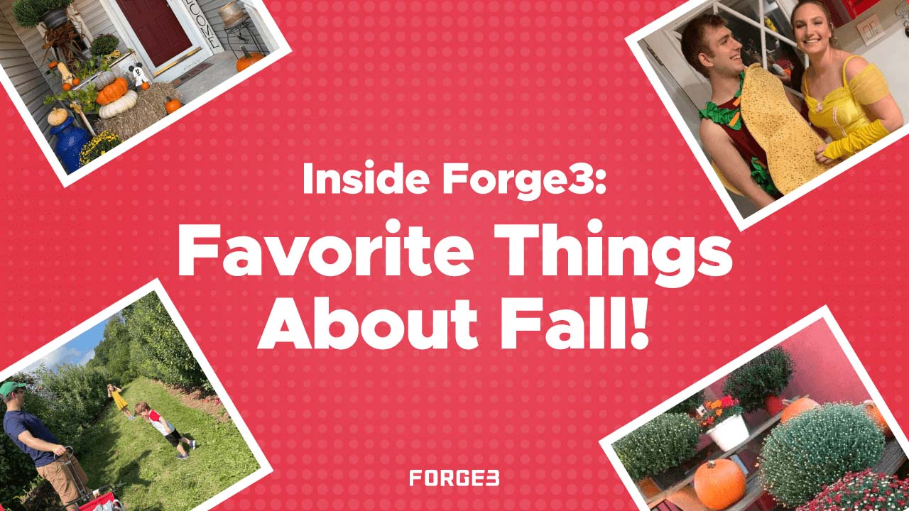 Inside Forge3 Favorite Things About Fall - Collage Displaying Four Individual Employee Images and Their Favorite Fall Things Arranged Diagonally over the Four Corners of the Main Image With a Red Background