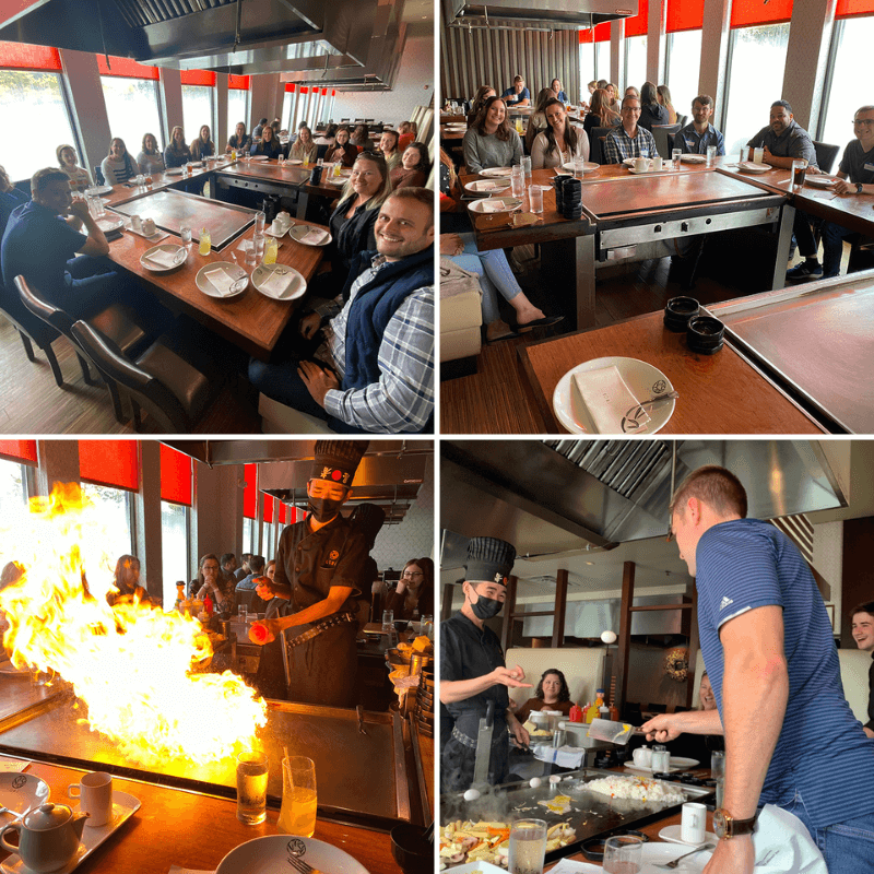 Collage of Four Photos of Team Lunch at Hibachi Restaurant