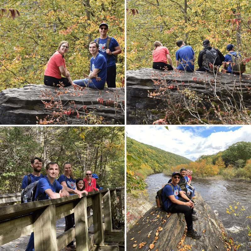 Collage of Four Photos of Team Members Sitting on a Log and Standing on a Bridge