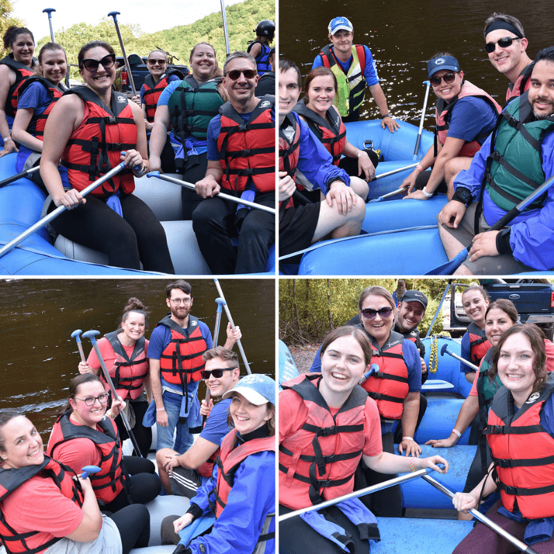 Collage of Four Photos of Team Members in Rafts
