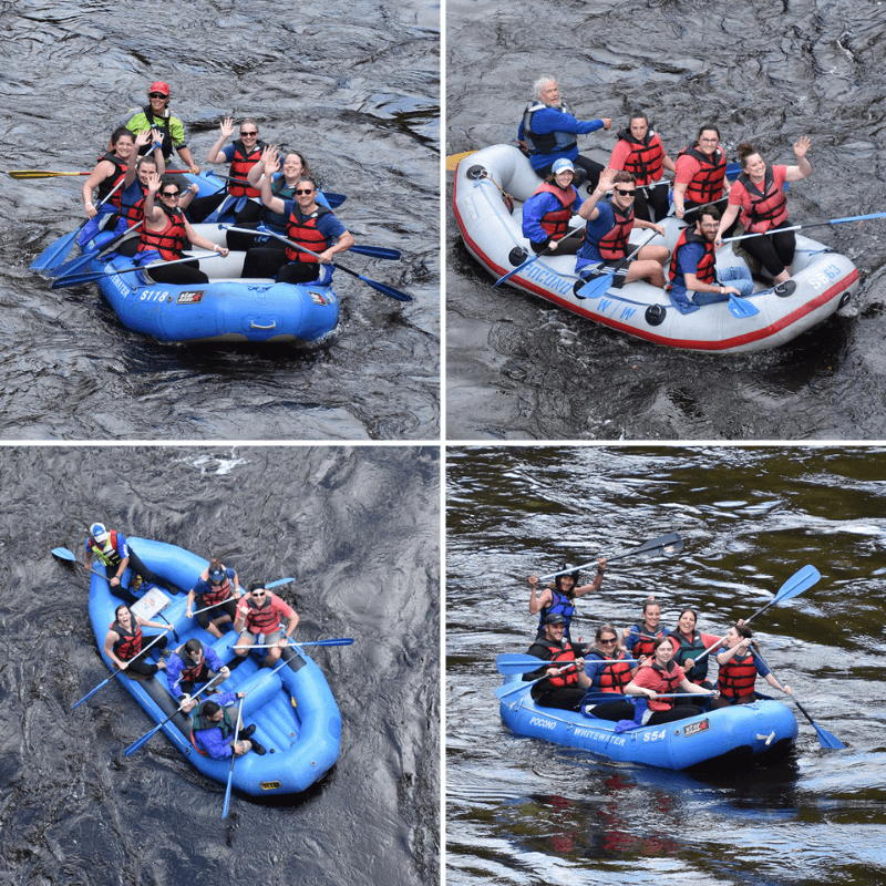 Collage of Four Photos of Team Members on the River in Rafts